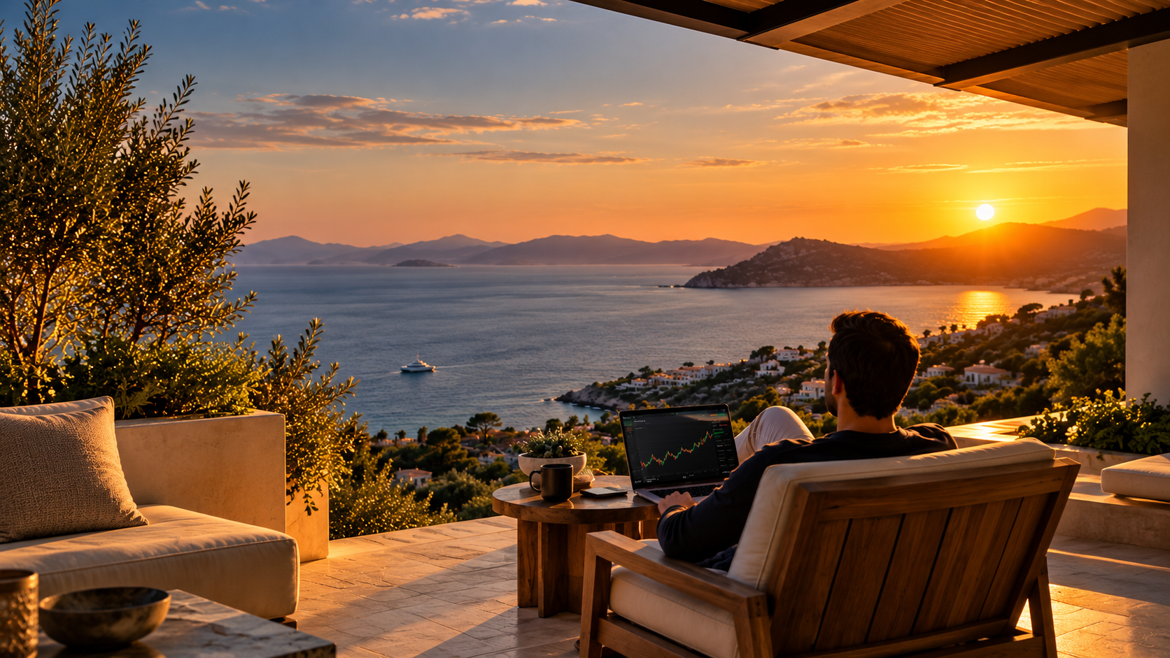 Trader reviewing live charts at sunset